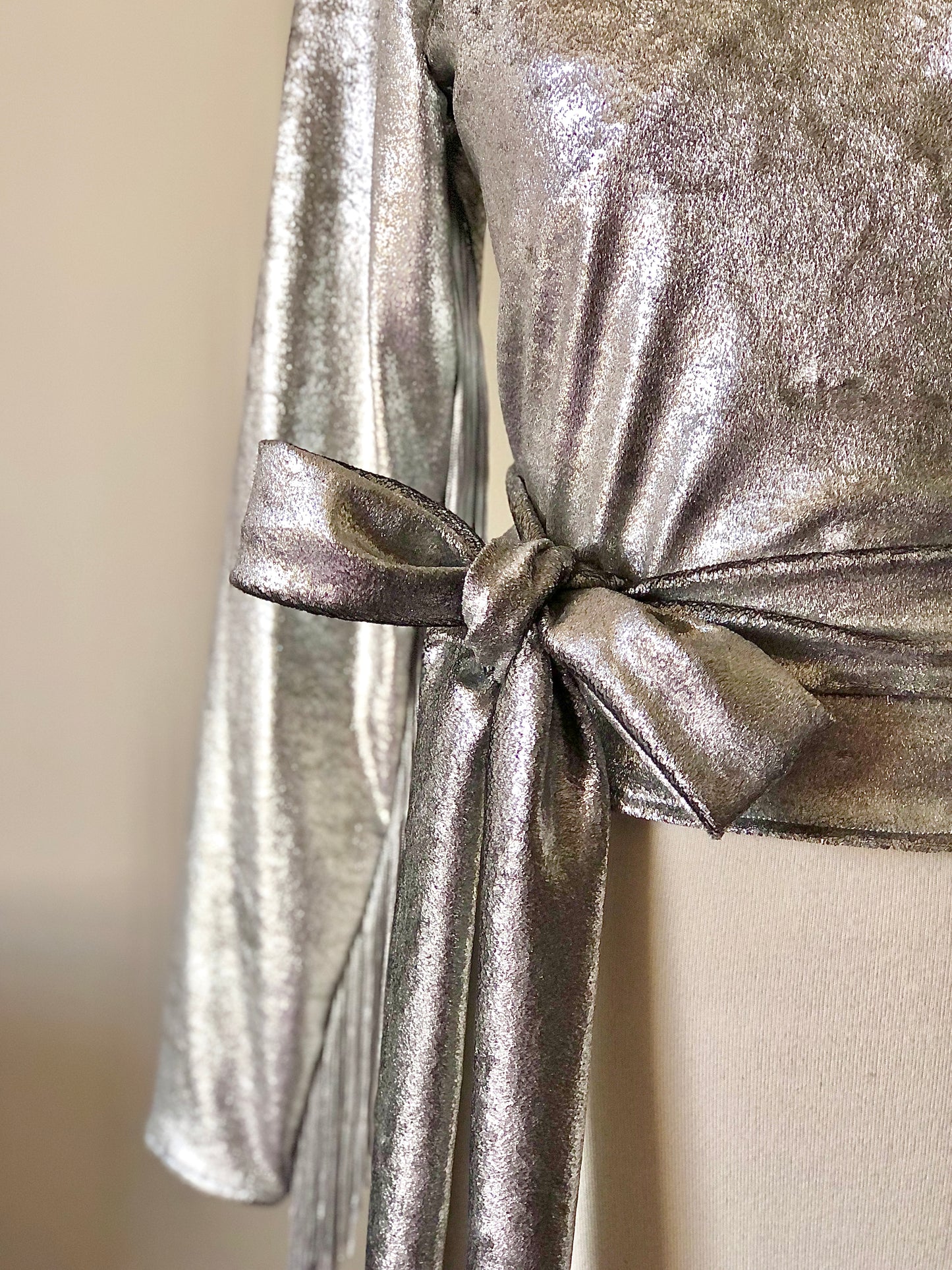 Daltrey Velvet Wrap Top in Silver Metal