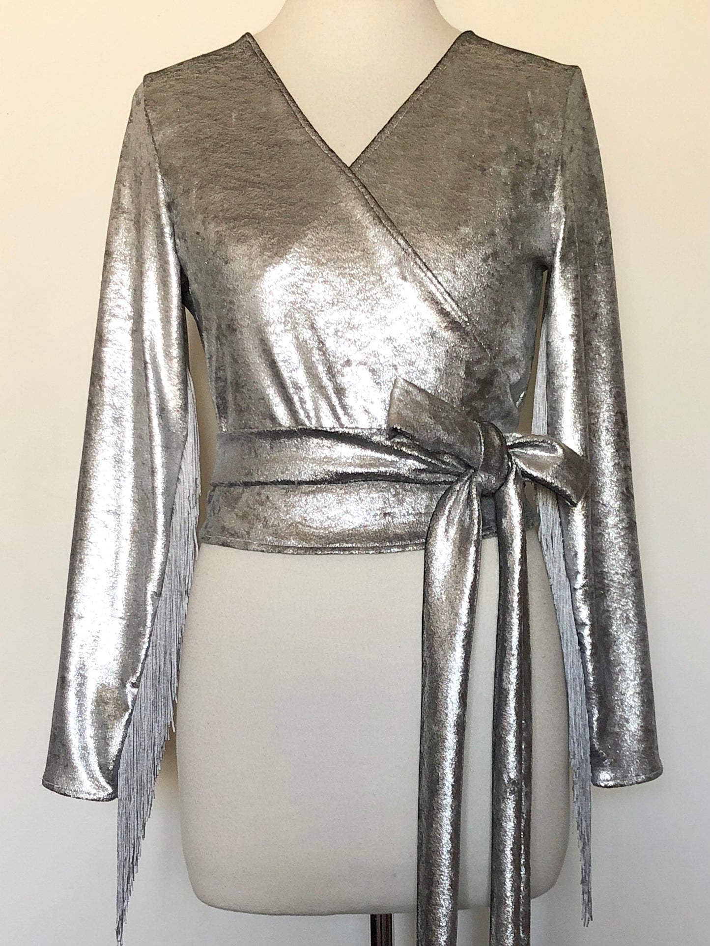 Daltrey Velvet Wrap Top in Silver Metal