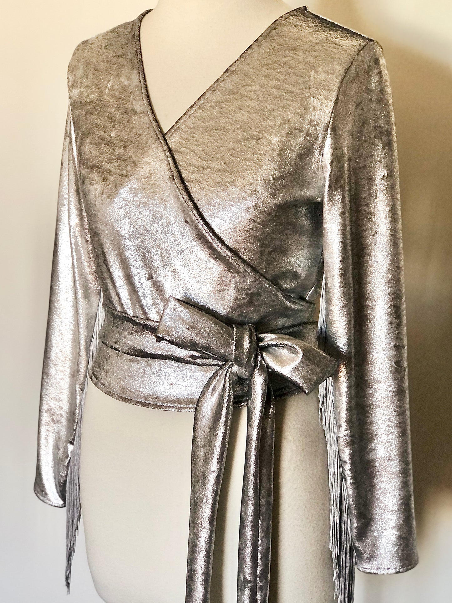 Daltrey Velvet Wrap Top in Silver Metal