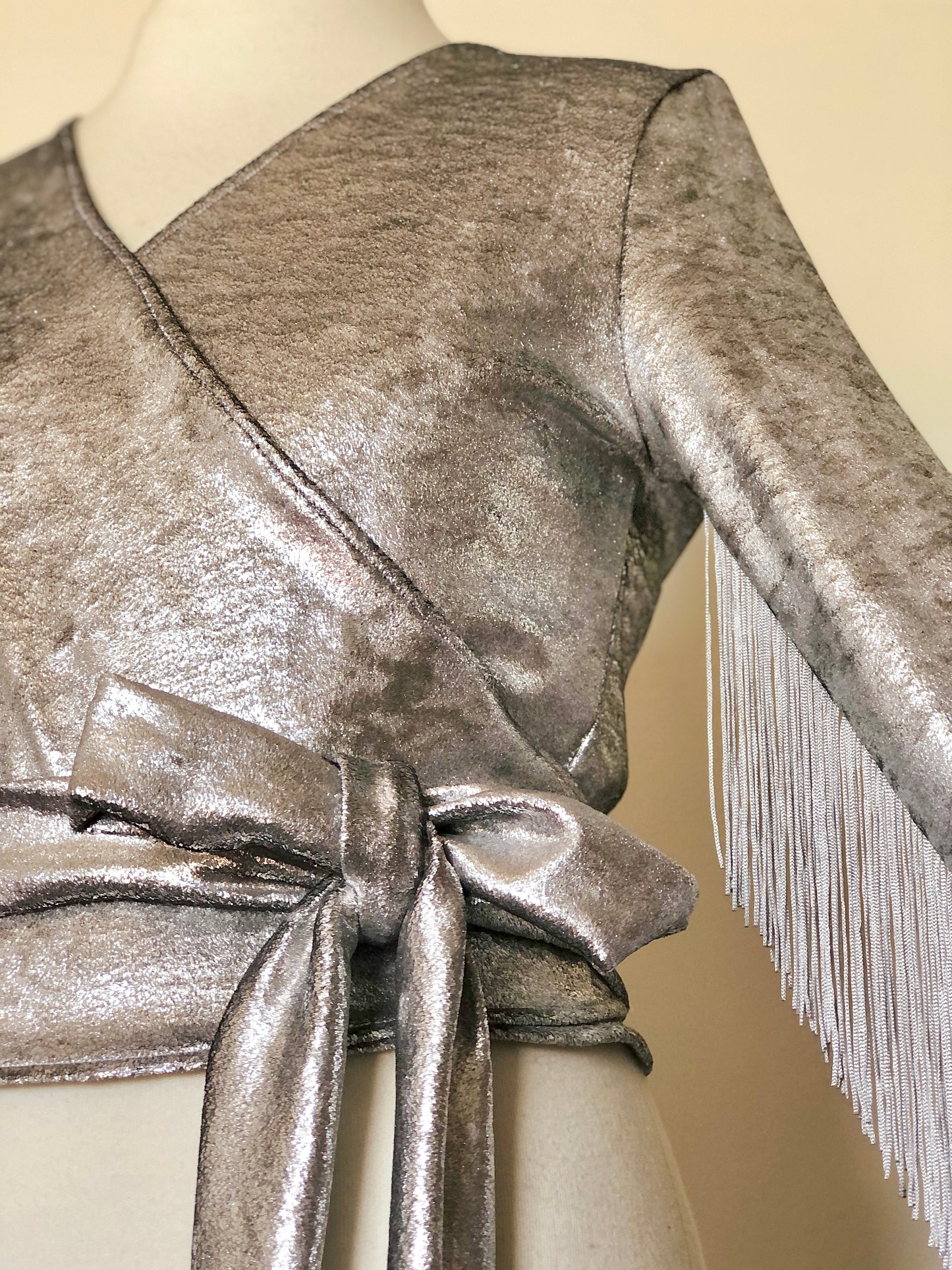 Daltrey Velvet Wrap Top in Silver Metal